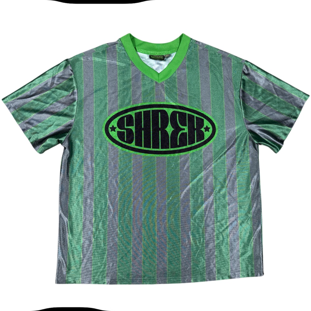 Dreamworks Shrek Green and Gray Striped Men's Short Sleeve Jersey Shirt Size XL